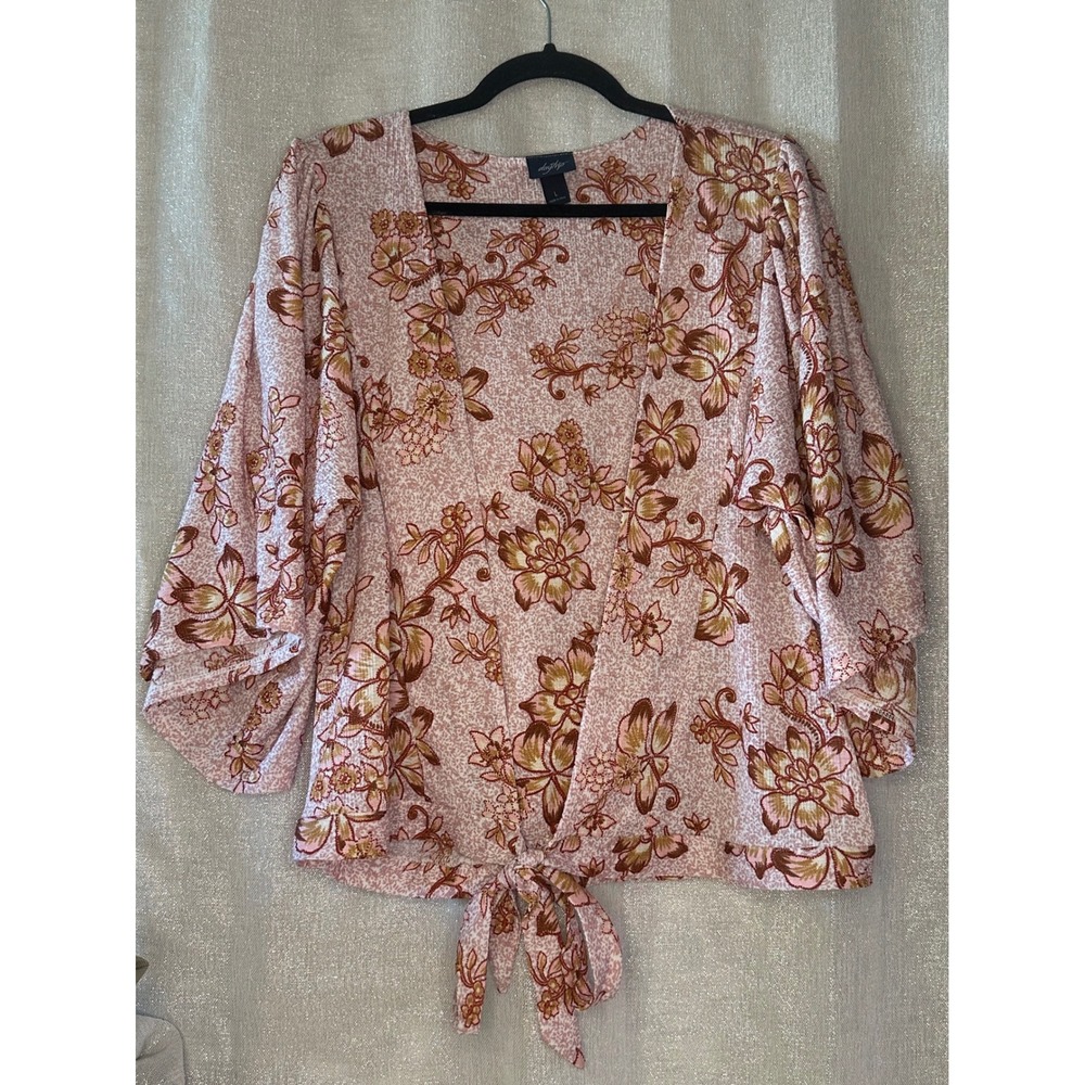 Daytrip Floral Tie Front Kimono Top Blouse‎ Bohemian Pink Brown Large